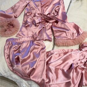 Women's Satin Pajama Set - Pink Robe & Pants